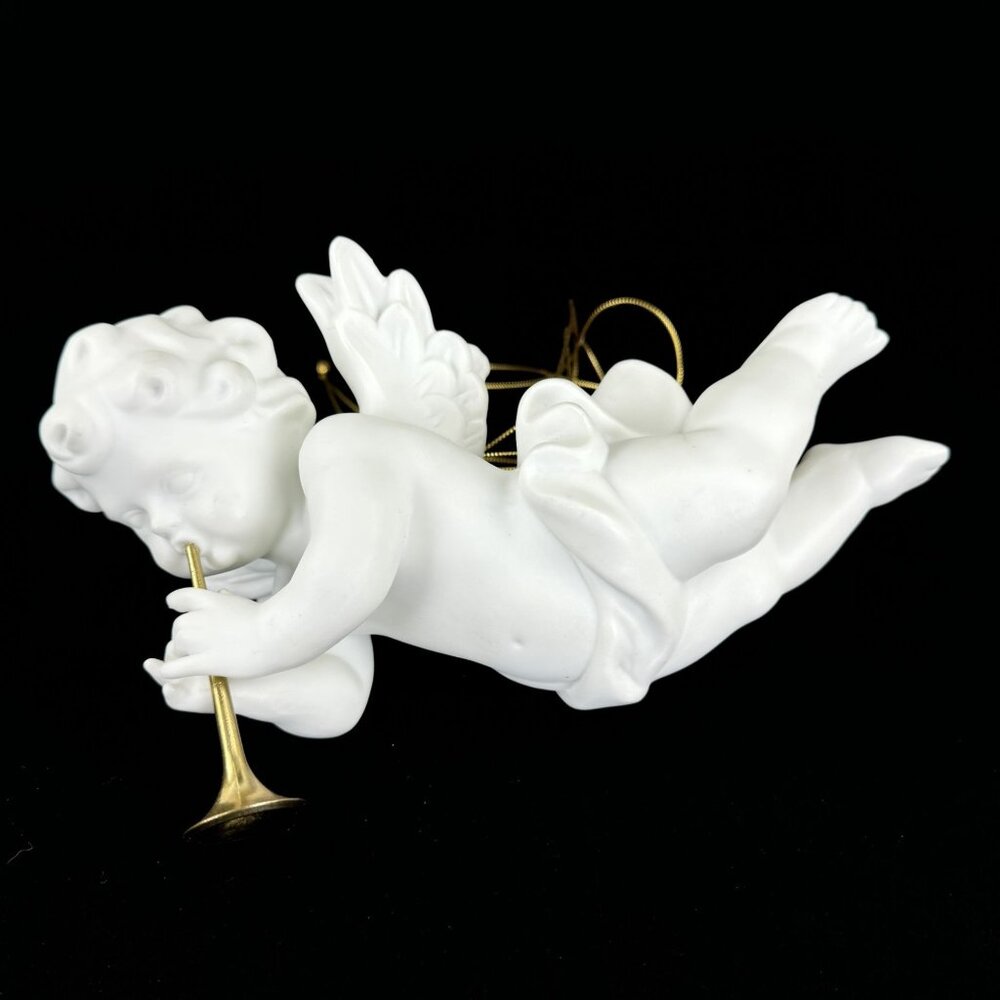 Vtg Porcelain Cherub Angel 8" Hanging Figurine Gold Cord Brass Trumpet Ornament